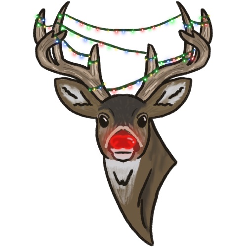  the head of a reindeer. It has large antlers and is coloured in shades of grey and brown with a white chest, muzzle and ear fluff. It has a glowing red nose and strung from its antlers are christmas lights.